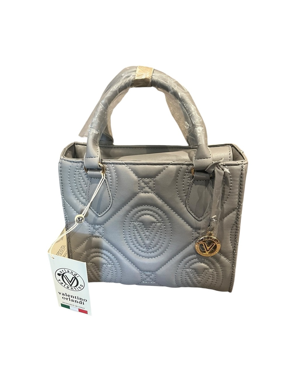 Valentino Orlando Grey Quilted Monogram Satchel Tote Strap Bag Charm  V-2012 NWT